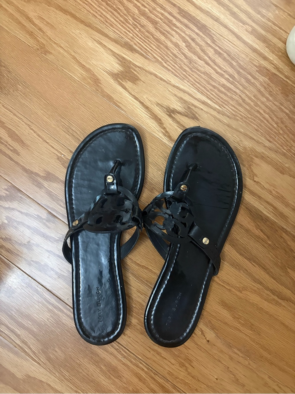Tory Burch Black Patent Leather Logo Thong Sandals